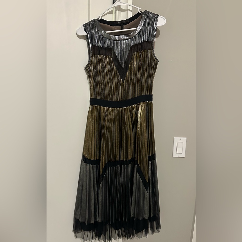 BCBGMaxAzria Gold and Black Asymmetrical Gown with V-neck